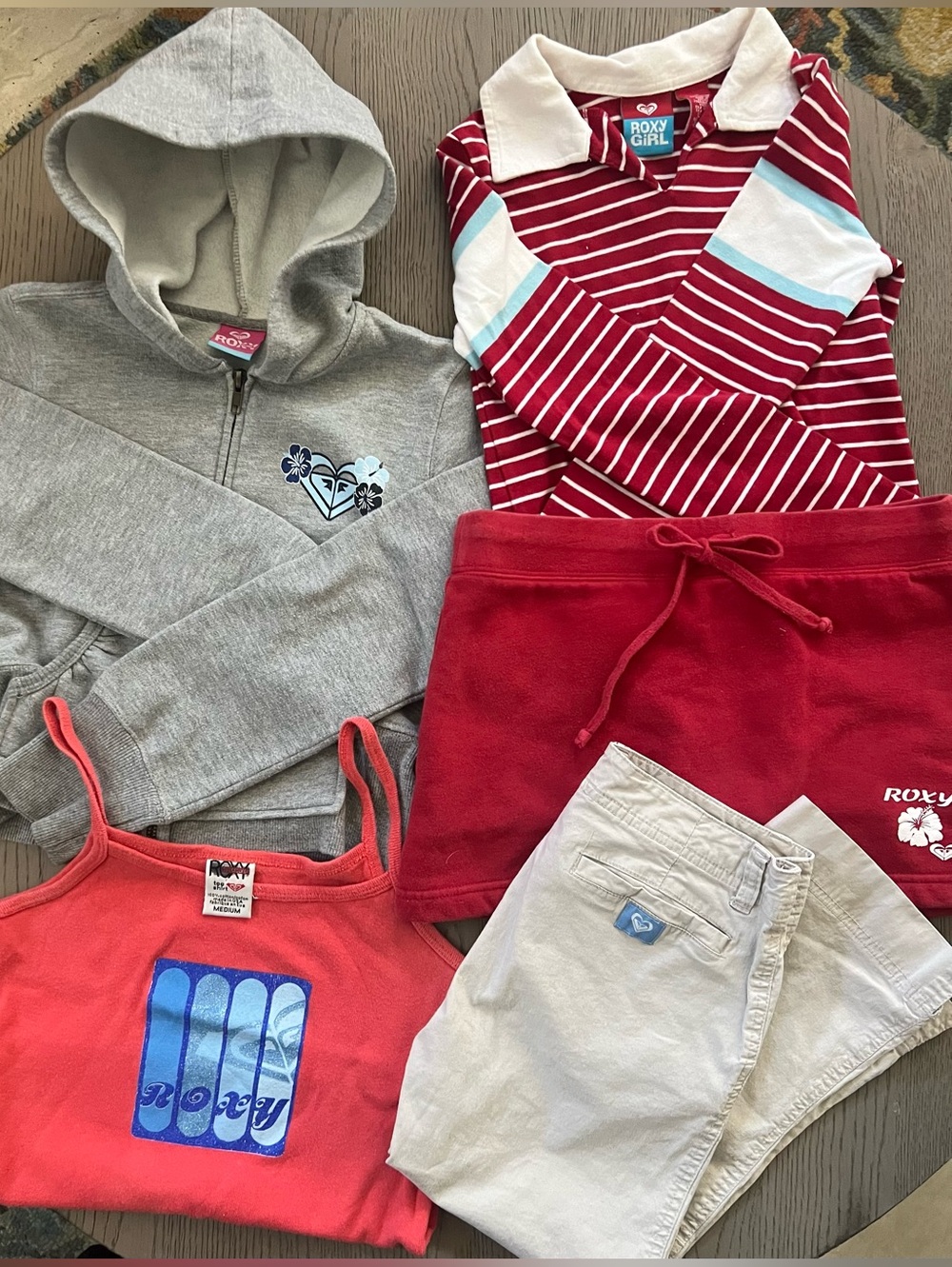 VTG Lot Roxy Girl Size 12 Med Gray Hoodie Cami Red Skort Tan Pants LA Shirt VGUC
